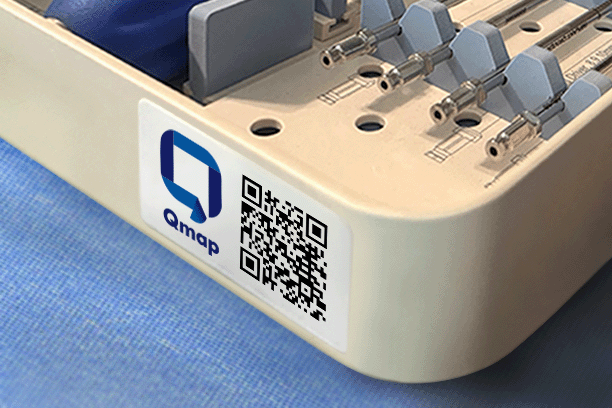 The Qmap QR code sticker on the side of a medical device used for locating it