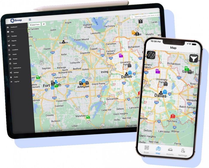 Qmap dashboard displayed on both a tablet and mobile device