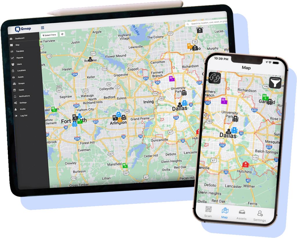 Qmap dashboard displayed on both a tablet and mobile device